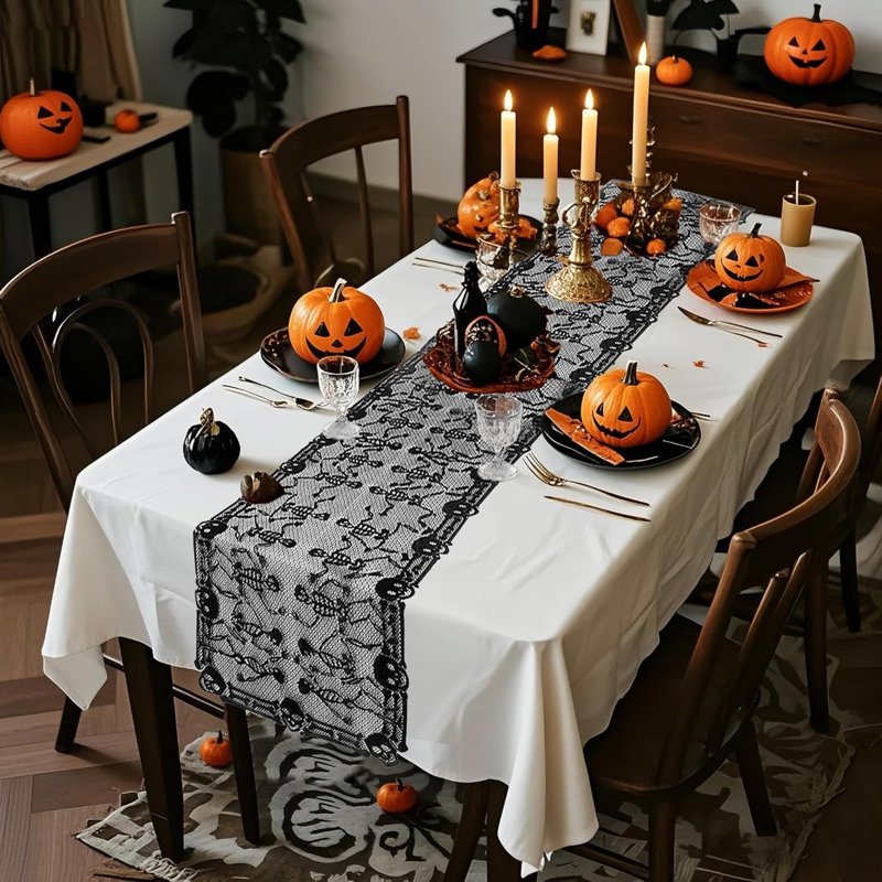 Halloween Table Cloth, Halloween Decorations, Table Runner, 200x50cm Lace Skeleton Tablecloth for Kitchen, Evening Party, Dinner Supplies