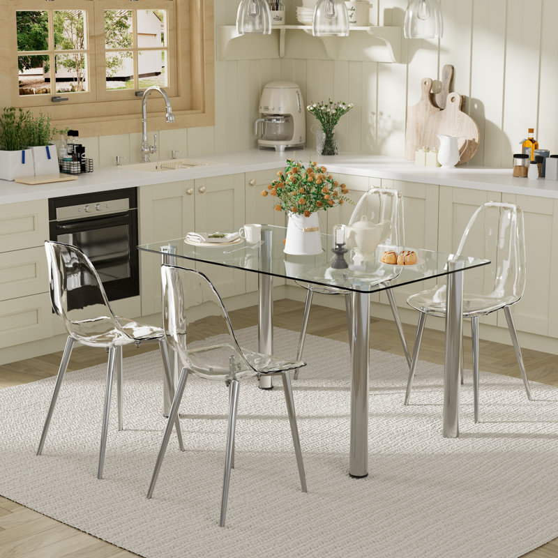 Jaala 4 - Person Glass Top Four Leg Dining Set, Silver, Transparent/Silver, 29.5" H x 51" L x 31.4" W