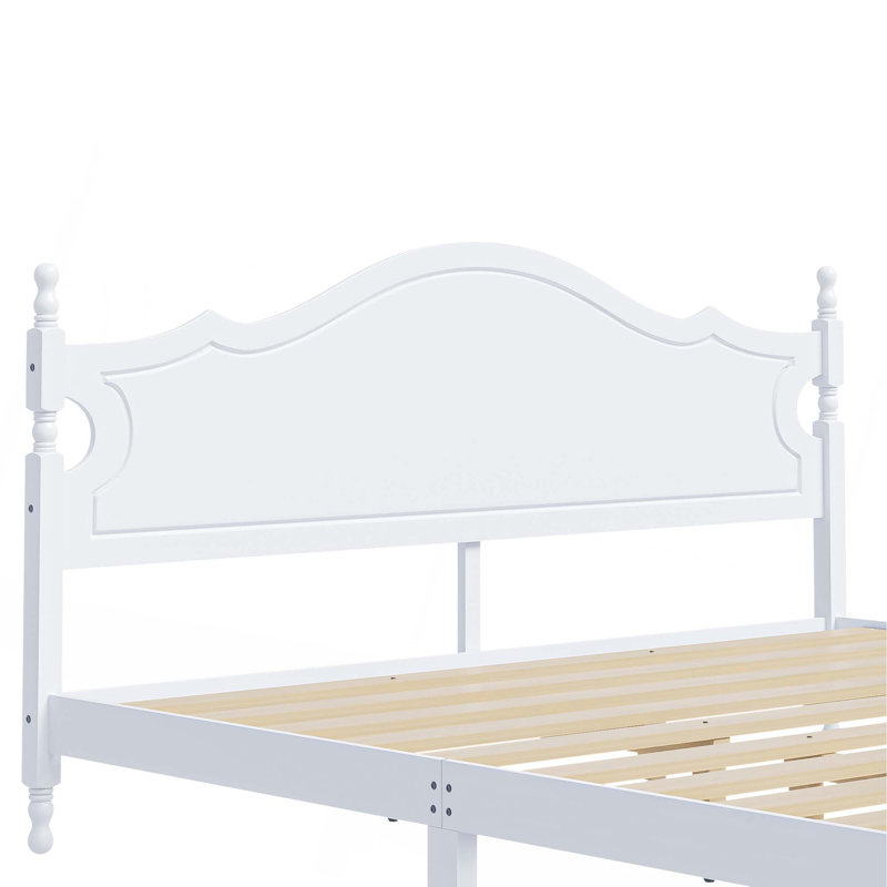 Structure de lit avec tête de lit, lit plateforme en bois de style rétro avec support à lattes de bois, Blanc