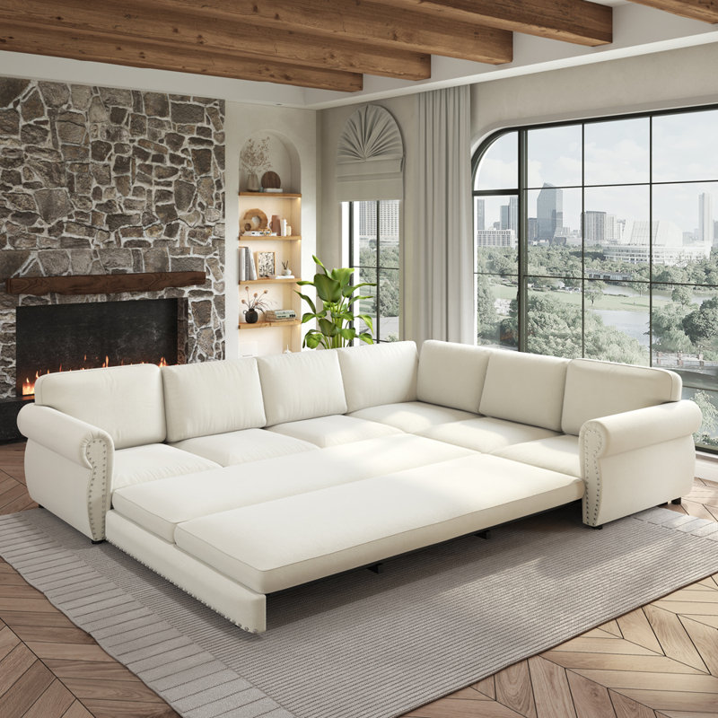 Canapé modulaire en L avec lit escamotable, Beige/White Chenille