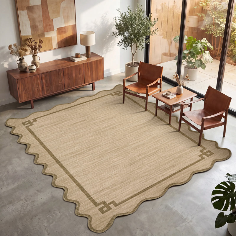 Tapis moderne à bordure lavable pour salon, chambre, couloir, Brun, 5 x 7 pi