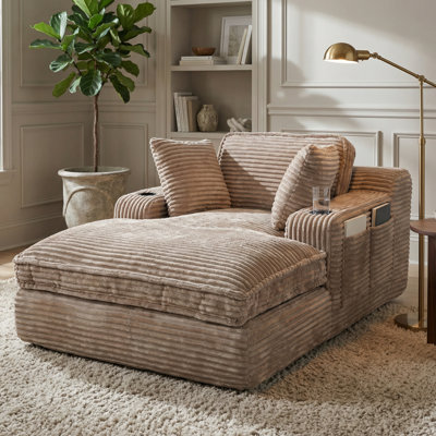 Méridienne surdimensionnée de 67 po pour l'intérieur, canapé doux sans os avec 3 coussins, 4 poches latérales et 2 porte-gobelets, canapé-lit confortable en velours côtelé pour le salon