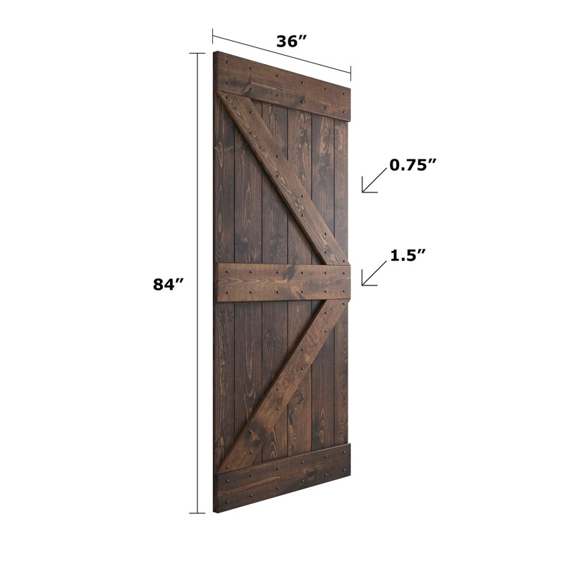 Porte de grange nouée à panneaux en bois et métal K Series, 36 po x 84 po, Café Kona