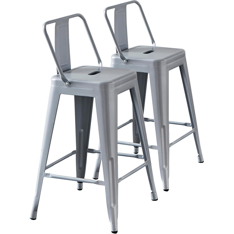 Modern Light Weight Industrial Contemporary Rustic Vintage Costal Metal Barstools With Bucket Back And 4 Leg Design, Seat Bar Stools (Set Of 2) (24" Seat, Distressed White)