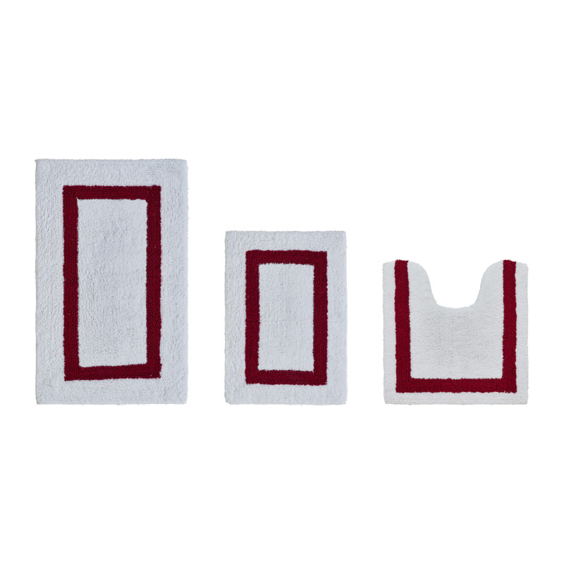 Atle Reversible Cotton Tufted Bath Rug Set, 3PC (17" x 24" | 20" x 20" | 21" x 34"), White/Red