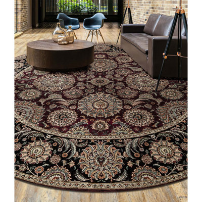 Tapis rond beige, rouge et noir noué à la main de haute qualité