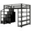 Grand lit mezzanine en métal avec tablettes de rangement, armoires et garde-robe, noir