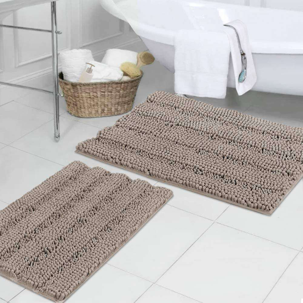 2 Piece Bathroom Rugs Bath Mat Set -Plush Chenille Shower Mats for Bathroom  Non- Bath Rug with Rubber Backing Beige 