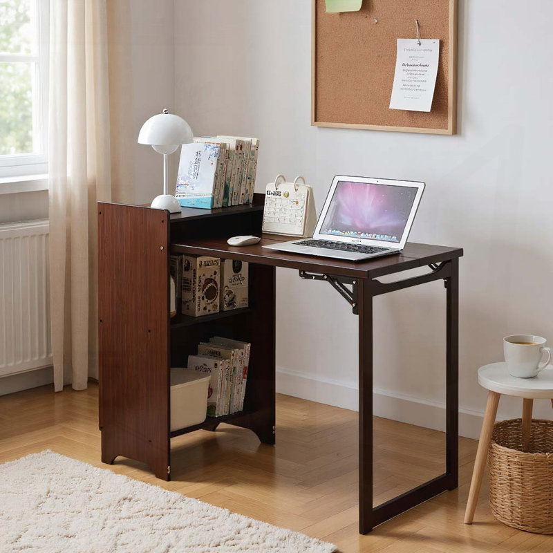 Bureau pliant en bambou avec rangement caché - Table d'ordinateur peu encombrante
