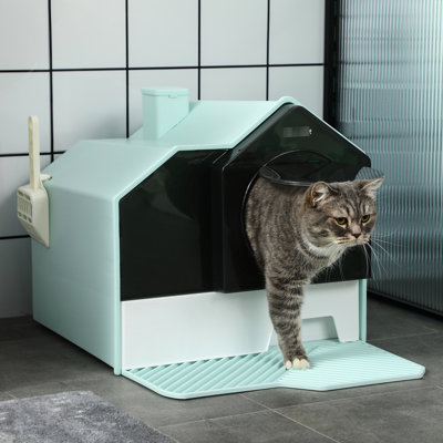 Blue Hooded Cat Litter Box With Odor Elimination, Easy Clean Drawer, Box, Blue, Control, Cleanup,