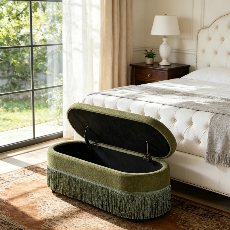 Banc de rangement ovale rembourré à franges, Vert