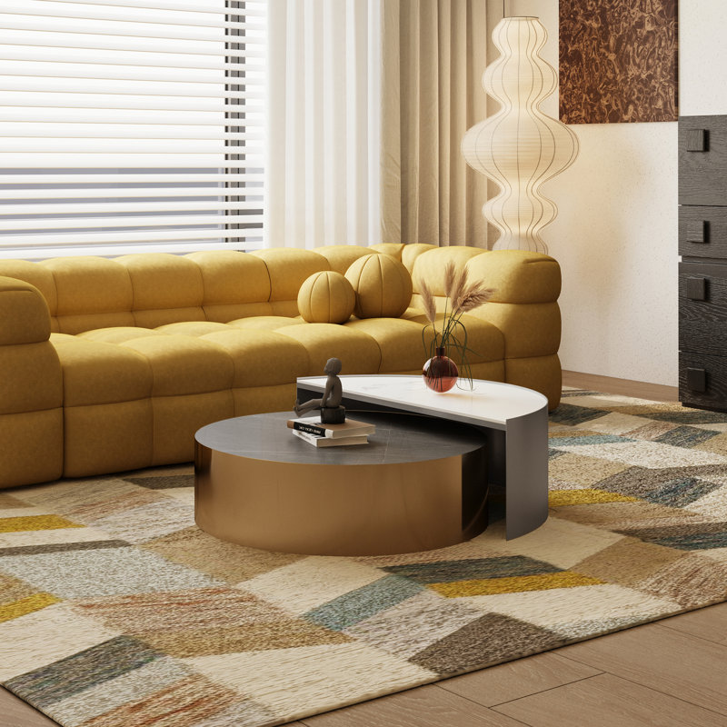Round Nesting Coffee Table - Modern Minimalist Design with Metal Frame & Sintered Stone Top for Living Room, Small Spaces