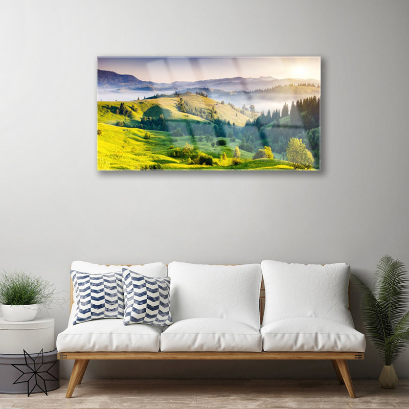 Nature Mountain Field Fog - No Frame Print on Glass