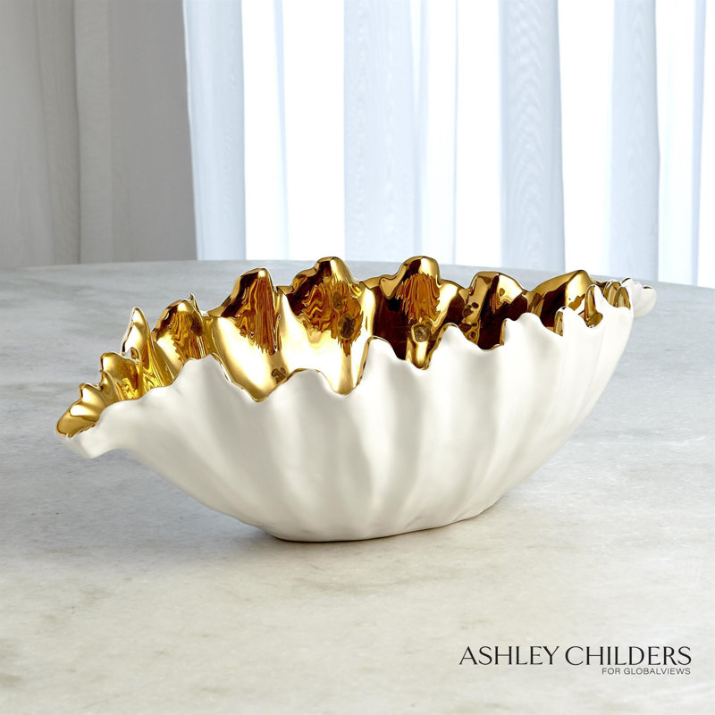 Organic Wave Oval Bowl-White-Lg, 5.75" H x 18.50" W x 10.50" D, White/Gold