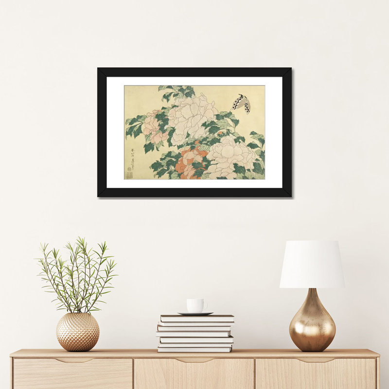«Pivoines et papillon, vers 1830-31» par Katsushika Hokusai, reproduction sur toile, H 16 po x l 24 po x P 1 po, Blanc