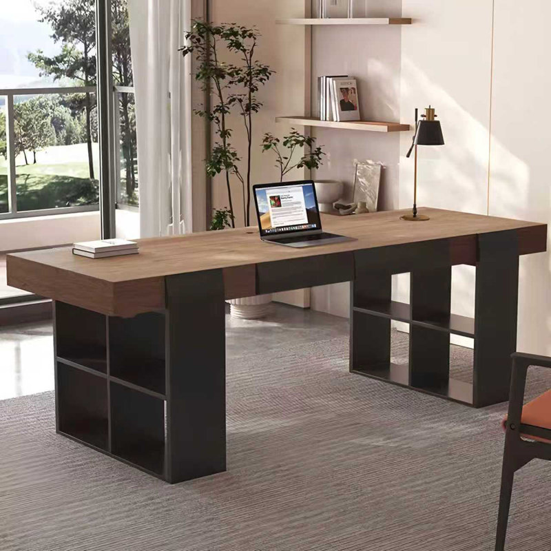 70.86" Modern Solid Wood Executive Desk with Open Storage Shelves, Large Home Office Writing Desk with Black Bookshelf Base