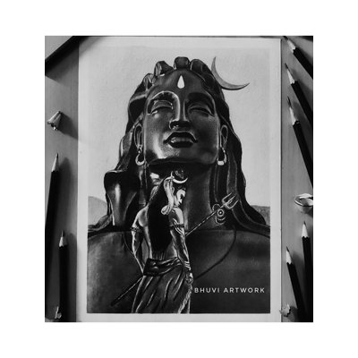 «Adiyogi Shiva Graphite & Charcoal Art - Portrait spirituel dessiné à la main 11,7 po x 8,3 po par Bhuban Mohanty