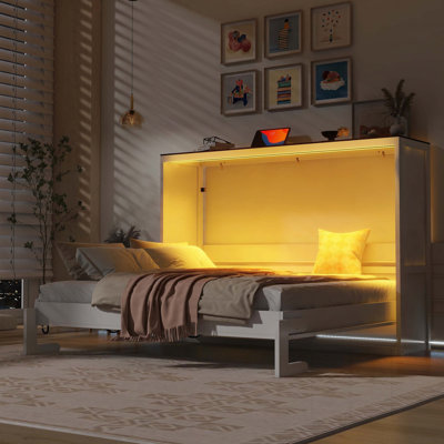 Full Size Murphy Bed with LED Light, can be Folded into a Cabinet