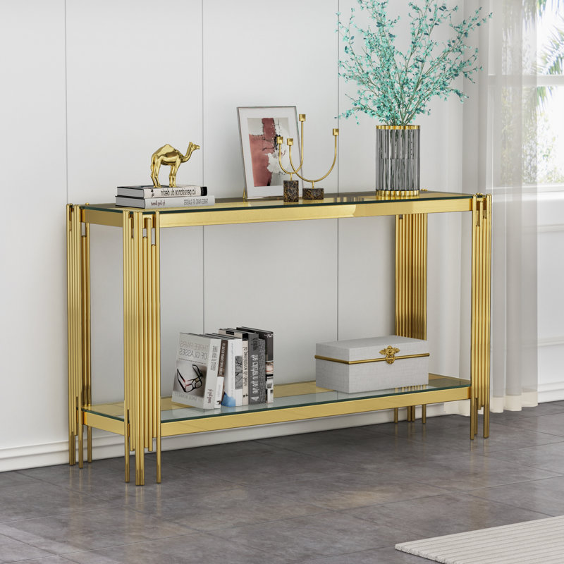 55" Tempered Glass Coffee Table for Living Room Modern Center Table with Stainless Steel Frame,Elegant Rectangular Accent Cocktail Sofa Table for Home Office