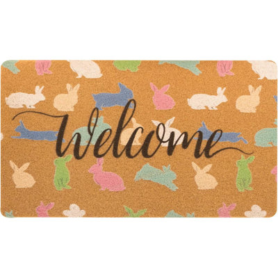 Easter Bunny Welcome Doormat Outdoor Entrance, Spring Cute Rabbit Decor Porch Front Door Mat Outside, Faux-Coir Seasonal Bunny-Rug, Non-Slip Dirt-Trap