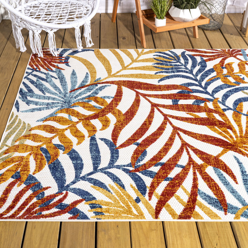 Manor Tropics Palm Leaves Cream/Orange Indoor/Outdoor Rug, Rectangle 3' x 5'