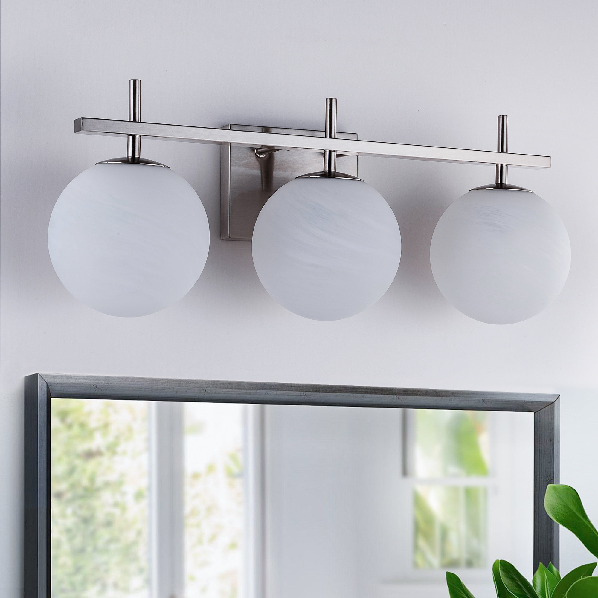 Bathroom Vanity Light With Round Shape Cloud Glass Shade, Polished Nickel, 3