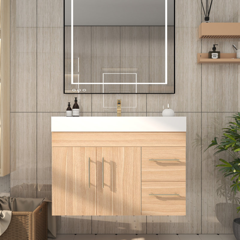 35.4" Wall-Mounted Single Bathroom Vanity Set, Champagne Oak