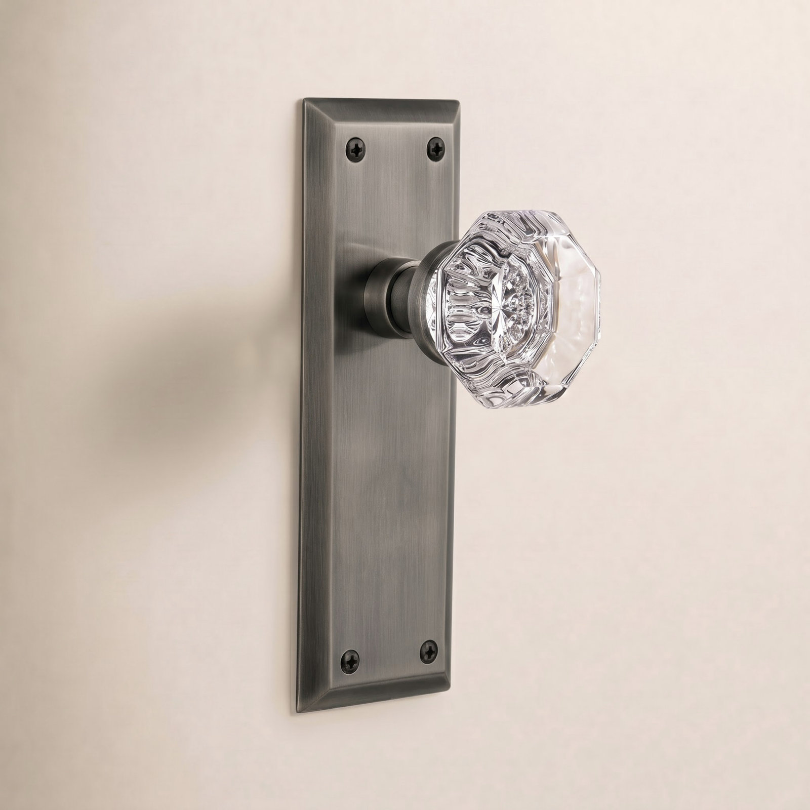 Waldorf Door Knob with New York Plate, 2-3/4”, Antique Pewter