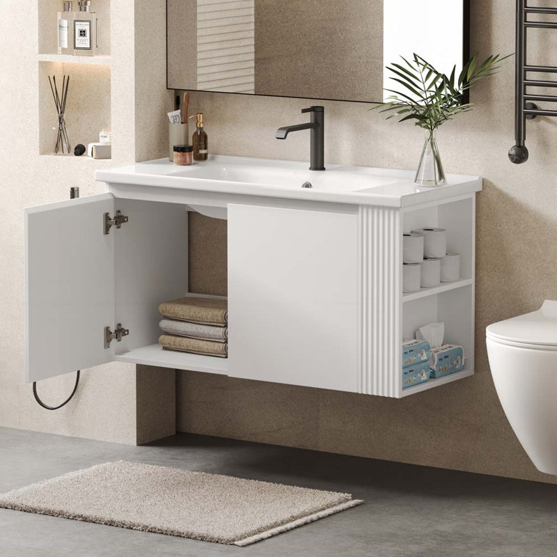 Wall-Mounted Floating Bathroom Vanity with Ceramic Sink