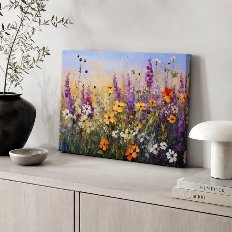 Vibrant Wildflower "Bright Purple Lavender Flowers Artwork, Country Rustic Botanical Floral Farmhouse Wall Pictures, Large Framed Canvas Giclee Print Wall Art"