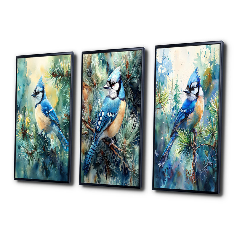 Geai bleu parmi les pins I - Collection de reproductions de toiles d'oiseaux, H 28 po x l 36 po, Noir