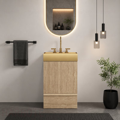 Striped Light  Bathroom Vanity with Integrated Brushed Gold Metal Vessel Bathroom Sink, Freestanding Bathroom Cabinet for Modern Bathroom, One-Piece Gold Metal Basin without Faucet