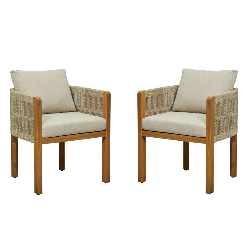 Gariepy Patio Acacia Wood Dining Chairs With Woven Rope & Cushions, Natural Beige Cushion/Brown Rope+Teak Frame
