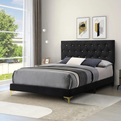 Lexie Black and Gold Diamond Tufted Panel Bed -  Mercer41, 728116796A094C2EB4A4F182A7D1AD77