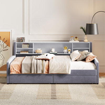 Lit plateforme simple tapissier avec rangement et tiroirs