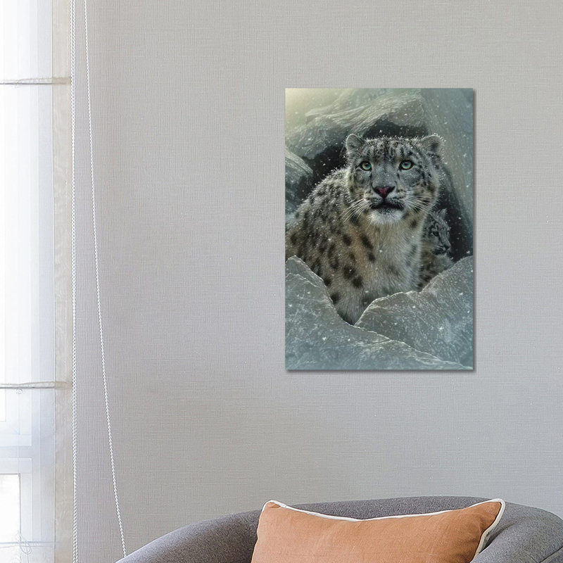 Neige leopard fortress, vertical, H 26 po x l 18 po x P 1,5 po, Toile avec cadre noir, Pas de tapis