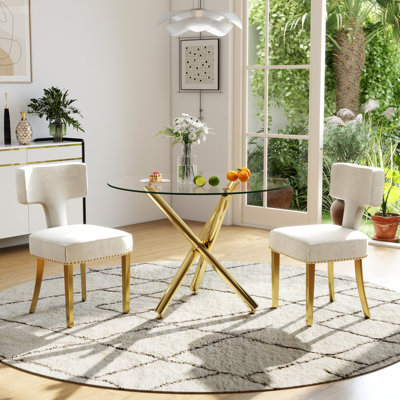Modern Round Tempered Glass Pedestal Dining Set with Chenille Dininig Chair