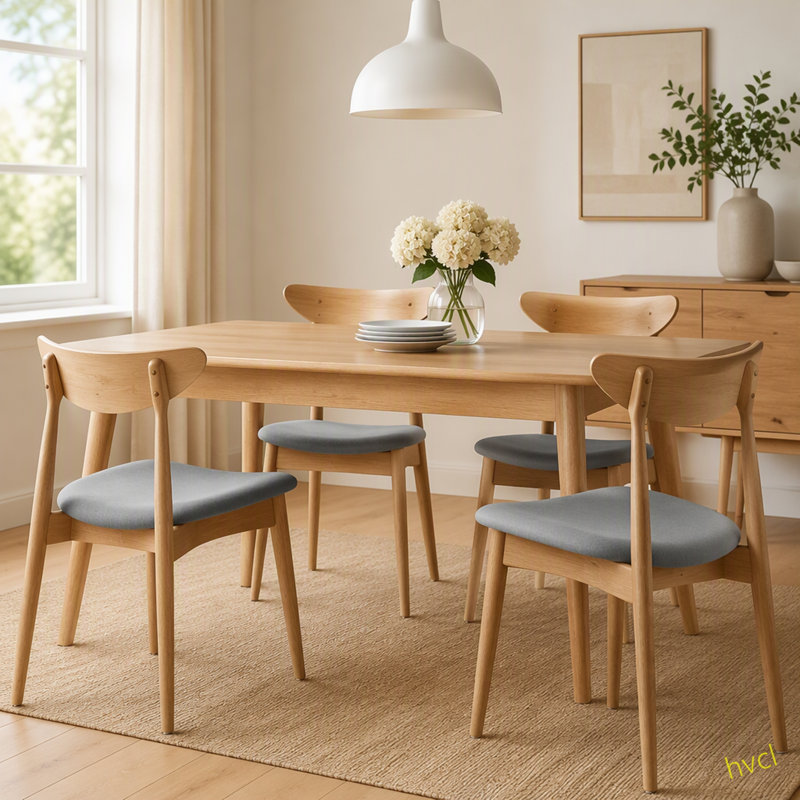Ensemble de 2 chaises rétro en bois d'hévéa avec dossier ergonomique et coussins moelleux, Gris clair, Brun