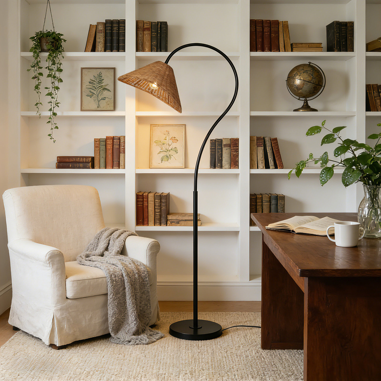 65” Arched Dimmable Rattan Floor Lamp, Black