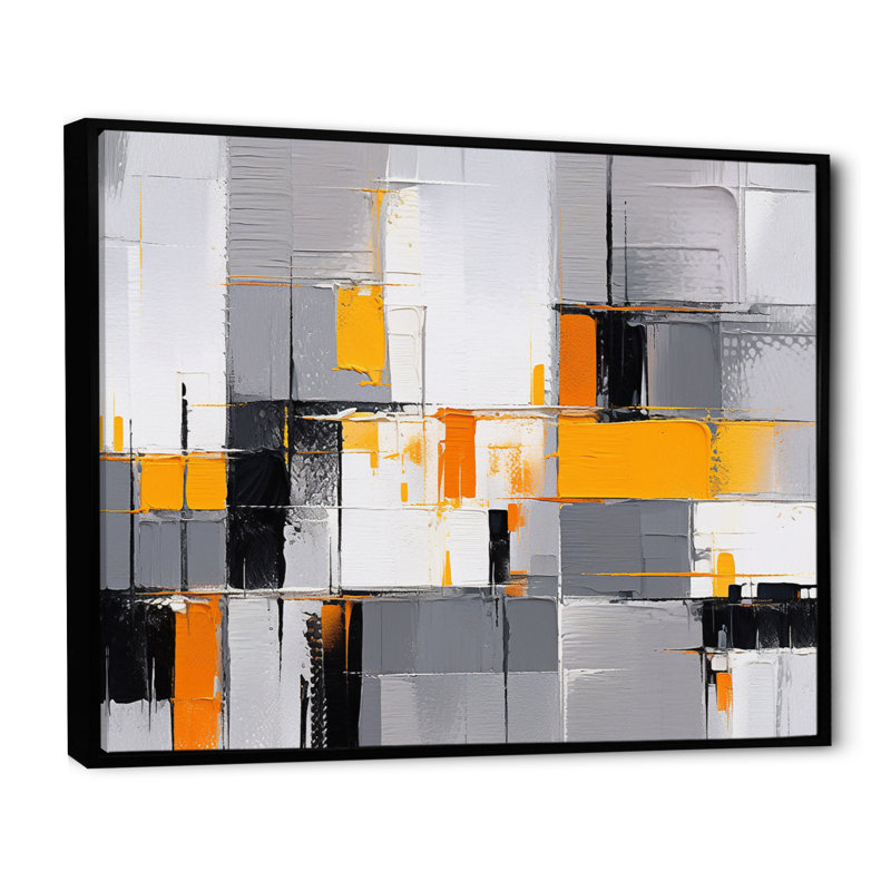 Rayures jaunes et grises sur toile, H 34 po x l 44 po x P 1,5 po, Cadre flottant noir