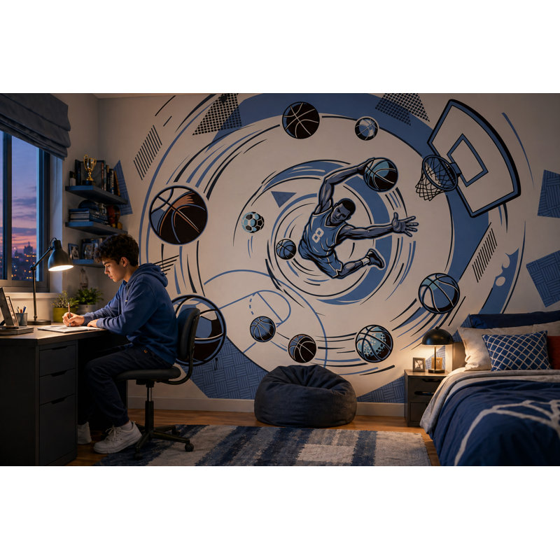 Panneau mural basketball Dunk, 120 po x 96 po, Peler et coller