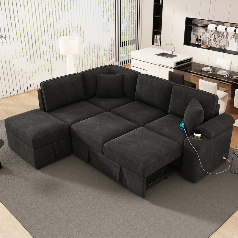 Cassan Upholstered L-Shaped Sectional Left Hand Facing, Black Velvet