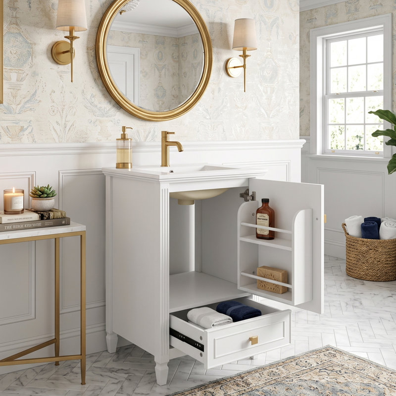 Meuble-lavabo rétro clair de 20 pouces avec lavabo en céramique intégré, armoire en MDF durable avec tablettes de porte et tiroir (blanc)