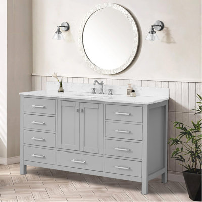 Meuble-lavabo autoportant 60 po avec lavabo simple et cadre en bois massif 60 po gris