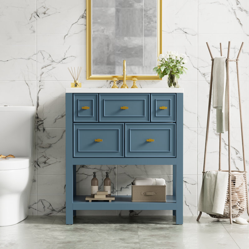 Ensemble de meuble-lavabo de salle de bain avec lavabo en céramique / meuble-lavabo simple avec 5 tiroirs, Bleu