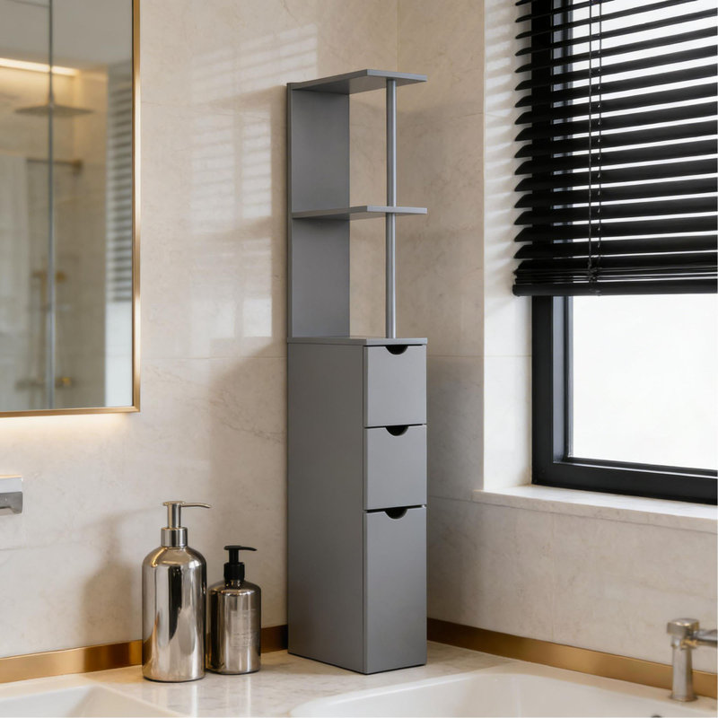 Storage Tower,Narrow Side Floor Organizer,Bathroom Storage Cabinet, Gray
