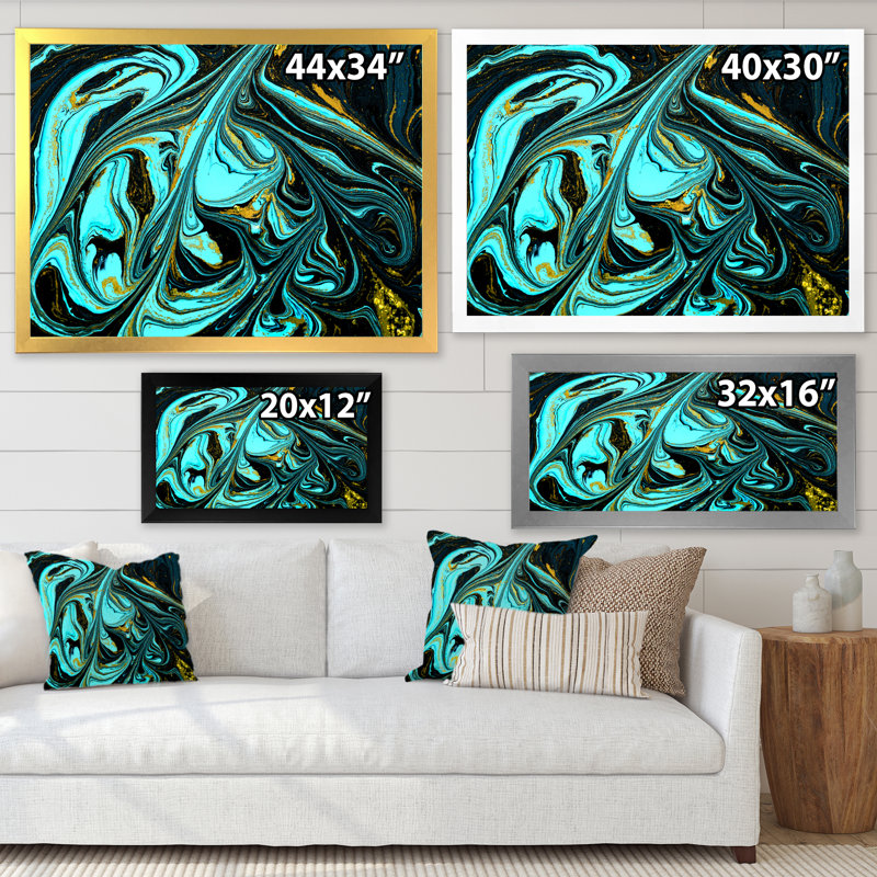 Art abstrait marbré turquoise abstrait - décoration murale moderne en toile, H 8 po x l 12 po x P 1 po, Cadre photo noir