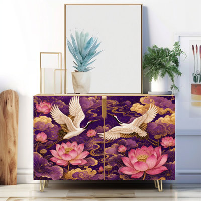 Narrow 35.4'' Wide Sideboard Buffet Cabinet - 2-Door Accent Storage Cabinet With Elegant Cranes Lotus Blossoms Print And Metal Legs