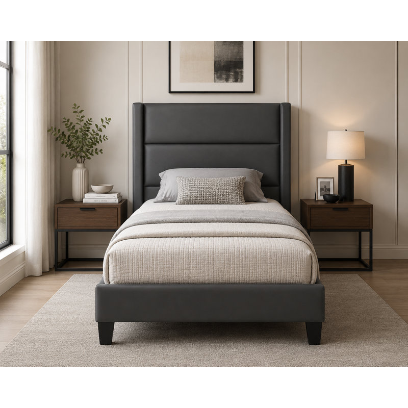 Lit plateforme tapissier avec tête de lit horizontale capitonnée, contemporaine, noire, simple, Noir, Simple