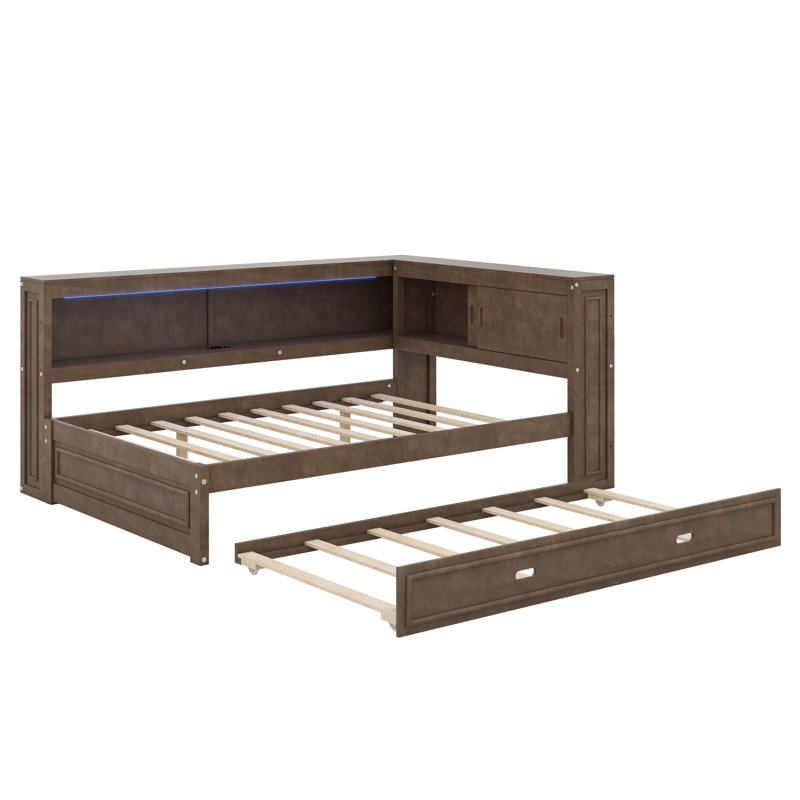 Lit de jour double avec tablettes, DEL et lit gigogne, Bois antique